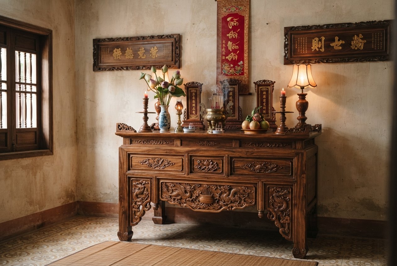 nội thất phòng thờ gỗ tự nhiên - chi tiết minh họa