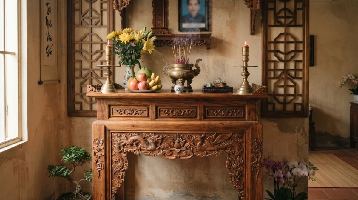 bàn thờ gỗ tự nhiên - chi tiết minh họa